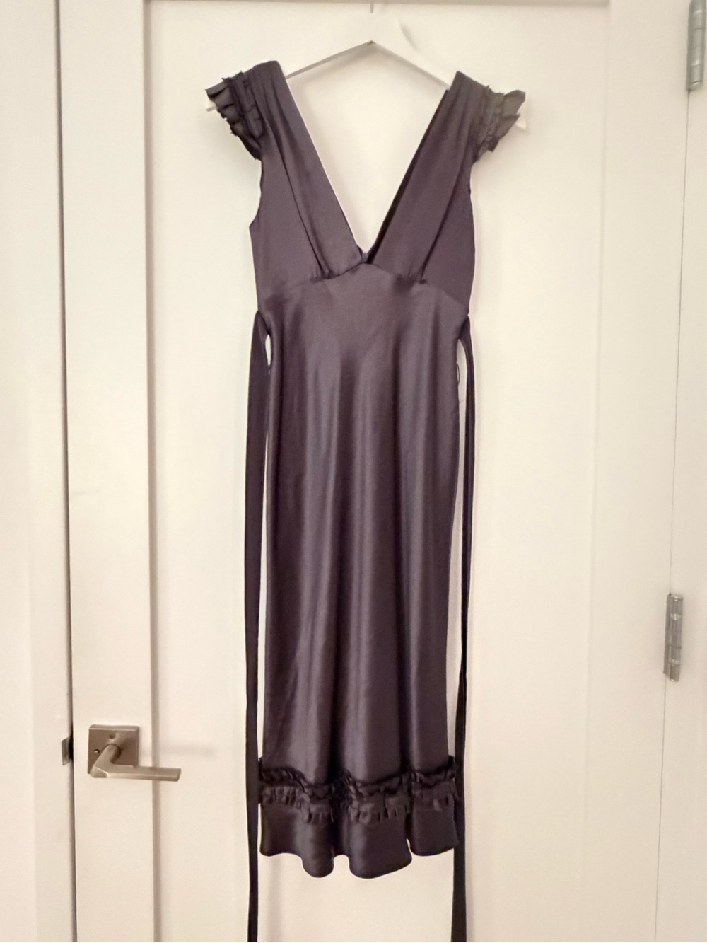 Vera Wang Deep Lavender Satin V-Neck Slip with Ruffle Trim